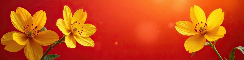 Fototapeta premium Bright yellow petals on a warm red background, floral, bright