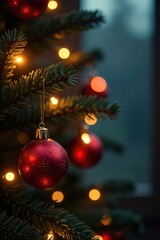 Red and gold lights twinkling on a Christmas tree branch, gold, light, tree