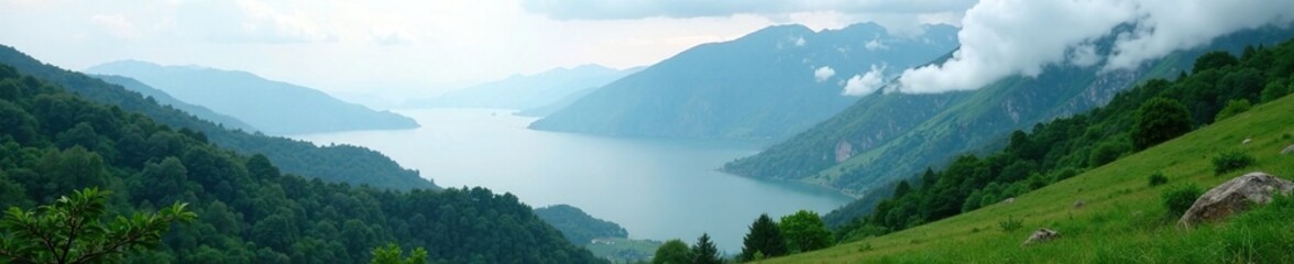 Distant mountain valley shrouded in mist and greenery, altitude, fog, landscape