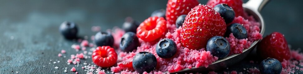 Three scoops of colorful berries in a metal container, , scoop