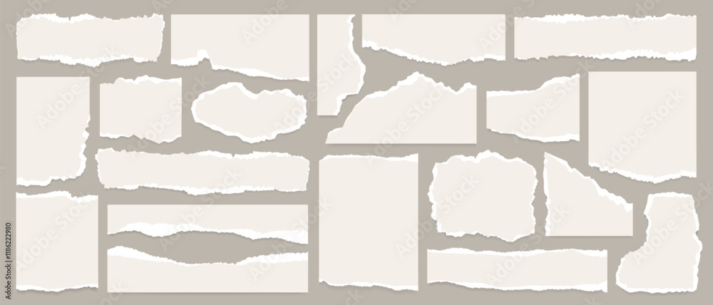 Fototapete big set of white torn paper sheet, ripped newspaper strip, retro texture background, text message ba