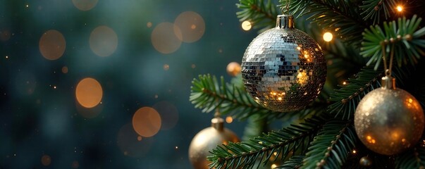 A majestic silver disco ball atop a towering Christmas tree with golden accents, holiday decor, winter wonderland scene, christmas tree decorations