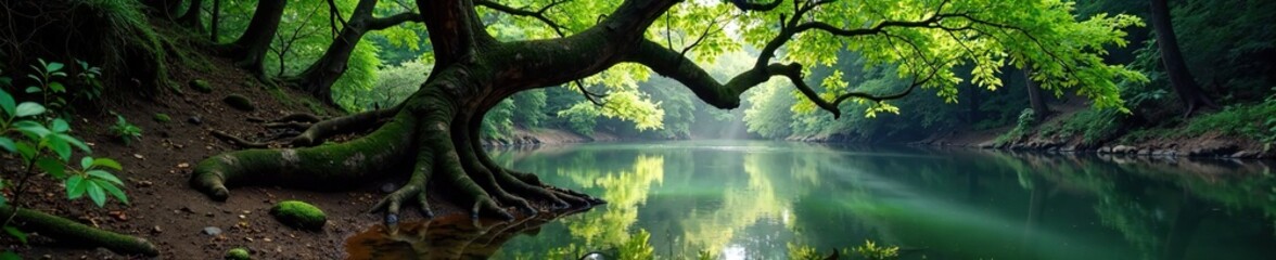 Tree with gnarled branches and roots exposed in the water, forest ecosystem, riverbank, tree roots