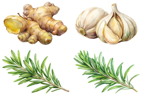 Fresh ginger root, garlic bulbs, aromatic rosemary sprigs, vibrant watercolor style, culinary herbs, natural ingredients.