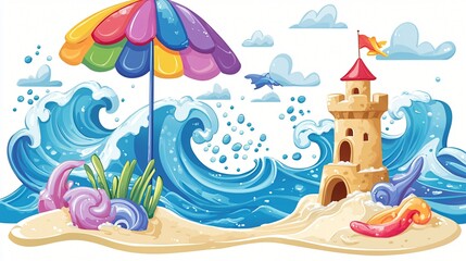 Naklejka premium Vibrant Cartoon Beach Scene Sandcastle Waves and Umbrella