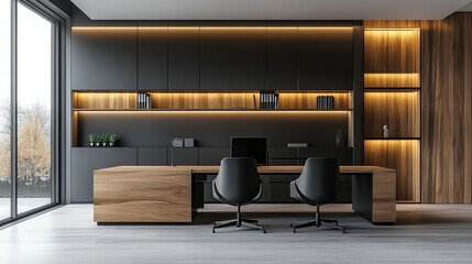  Modern dual-desk office setup with dark wood furniture, stylish lighting, and minimalist decor, providing professional yet cozy workspace perfect for collaboration and productivity.