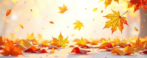 A carpet of fallen leaves in shades of gold and orange, autumn, white background
