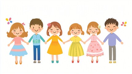 Happy Diverse Group of Smiling Children Holding Hands Friendship Teamwork Illustration