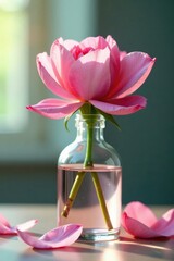 Delicate flower petals unfold on glass bottle surface, elegance, flower, simplicity