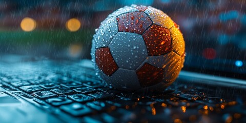 Sports and technology intersect with this image of a soccer ball on a laptop. Ideal for sports tech or gaming themes.