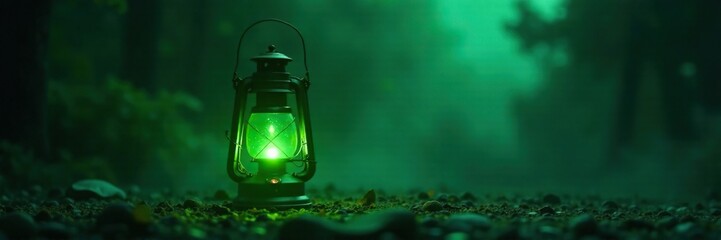 Lantern with soft green light in the darkness, light, dark
