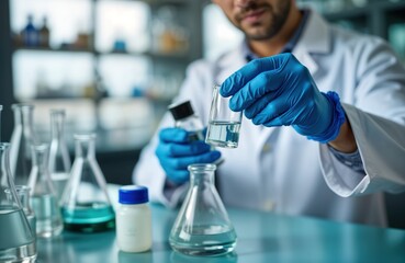 Scientist in lab coat, blue gloves examines water sample in flask. Analysis of water quality in laboratory setting. Technician carefully transfers liquid from small container. Various lab glassware,