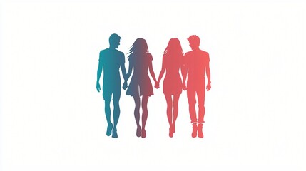 Obraz premium Silhouette of Two Couples Walking Together Holding Hands Friendship Love Unity