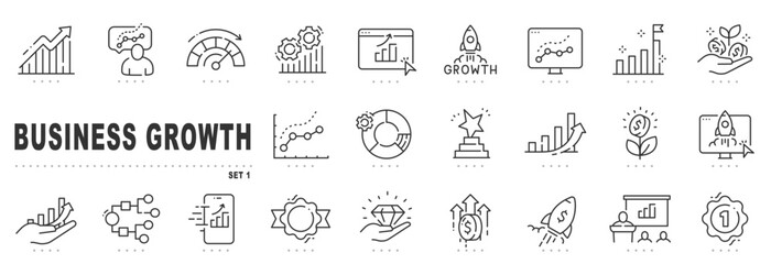 Set of business growth related line icons. Success, arrow, increase etc. Editable stroke.