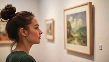 Thoughtful young woman reflecting in art gallery, inspiration and creativity