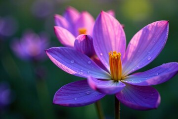Fototapeta premium Tiny dew drops glisten on large purple flower petals, plant, water, flowers