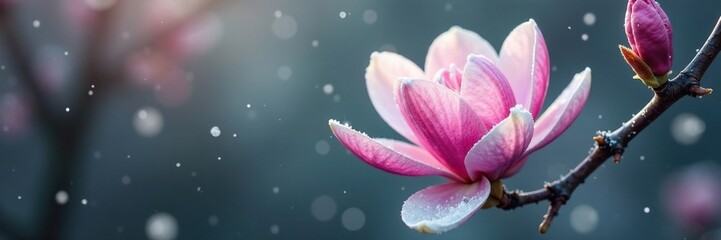 Fototapeta premium Snowflakes gently falling on a single magnolia bloom, flowers, frosty