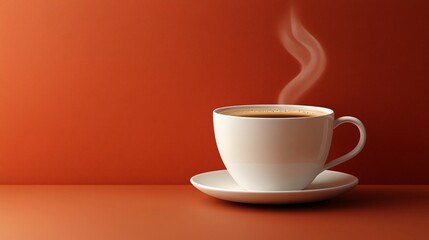 Obraz premium Aromatic Hot Coffee in White Mug on Orange Background Steam Rising