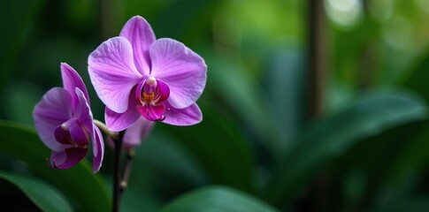Fototapeta premium Delicate purple orchid blooms on a lush tropical shrub, foliage, greenery, flowers