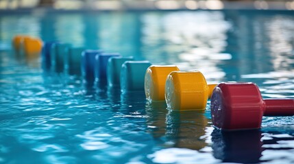  Pool with water dumbbells and aqua fitness gear lined up on the edge, ready for a water-based workout focused on strength, flexibility, and low-impact exercise in a calm aquatic setting.