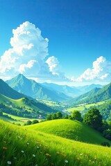 Obraz premium Rolling hills and mountains under a clear blue sky with fluffy white clouds, blue sky, fluffy clouds, countryside