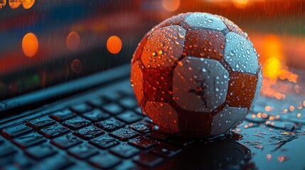 Sports and technology intersect with this image of a soccer ball on a laptop. Ideal for sports tech or gaming themes.