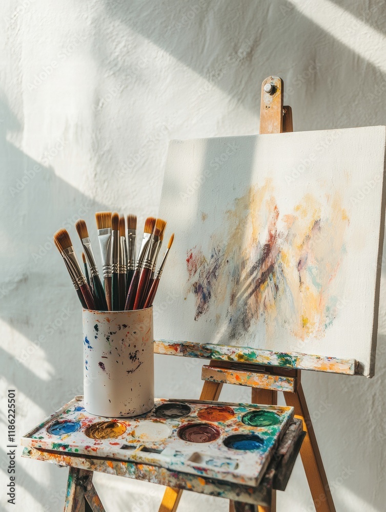 Leinwandbilder colorful artistic workspace with palette and brushes creating unique artwork under soft sunlight in 