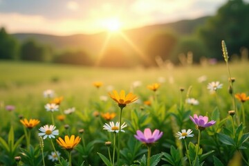 Fototapeta premium Sunny morning with dew on wildflowers in the meadow, landscape, sky