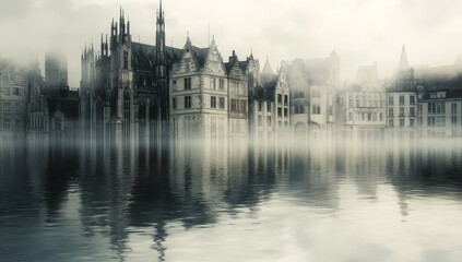 Fototapeta premium Foggy city waterfront with old architecture reflected in water.