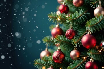 A festive Christmas tree with colorful ornaments and snowflakes, Festive Christmas Tree, Snowflakes