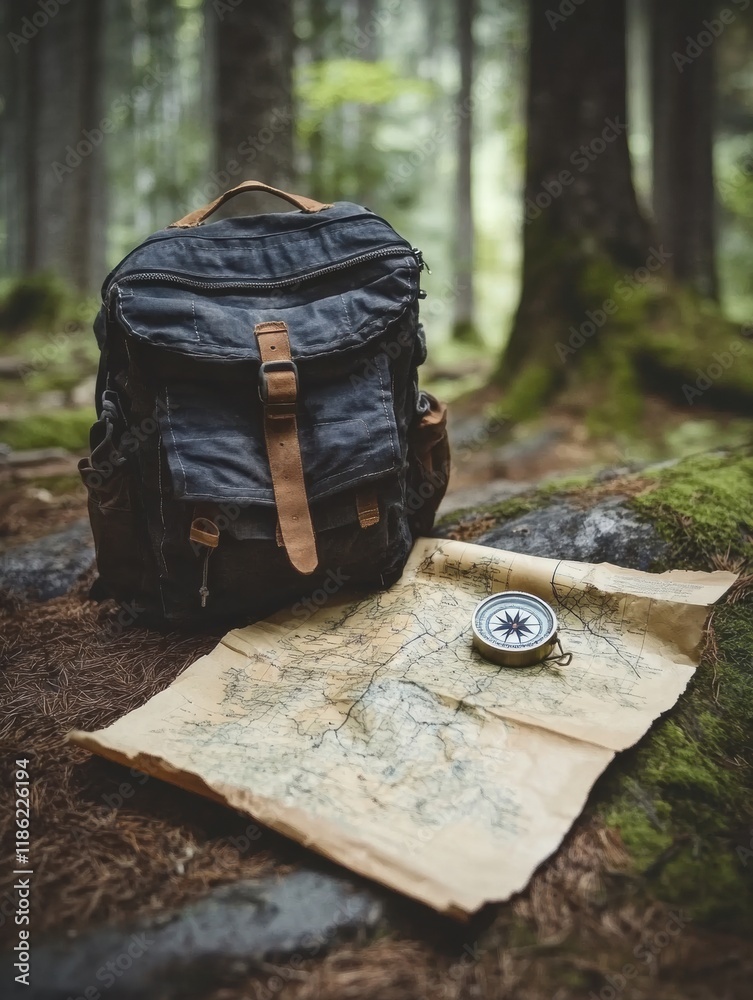 Fototapete Exploring nature with a backpack compass and map in a serene forest setting during daylight. Generative AI