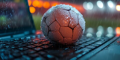Sports and technology intersect with this image of a soccer ball on a laptop. Ideal for sports tech or gaming themes.