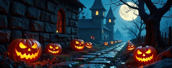 Haunted castle walls adorned with glowing jack-o-lanterns, lanterns, spooky, haunted