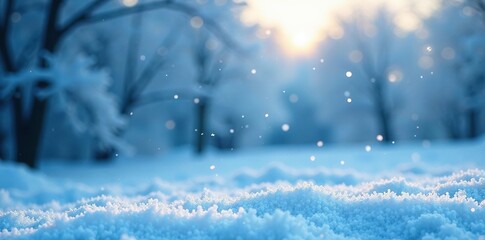Naklejka premium Frosty morning with snowflakes gently falling on a serene blue winter background, peaceful, blue
