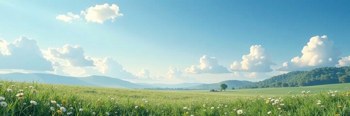 Gentle wisps of cloud scatter across the bright, landscape scenery, tranquil scene, atmospheric