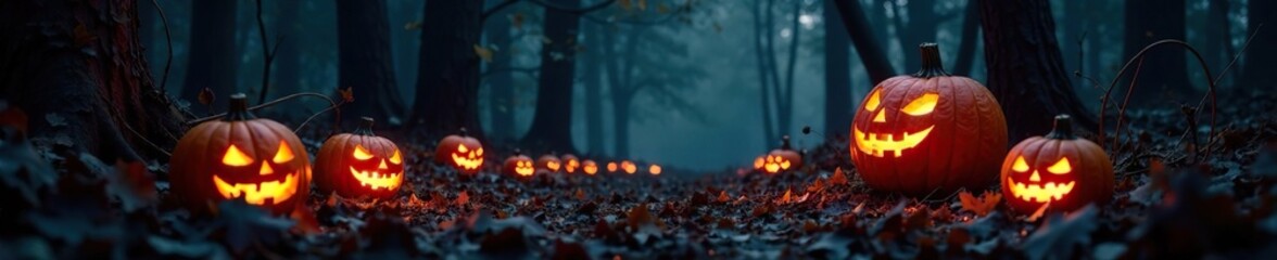 Obraz premium Glowing pumpkin lights illuminate dark forest, autumn, eerie, darkness