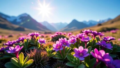 Fototapeta premium Purple saxifrage blooms under Arctic sunlight, landscape, blue sky
