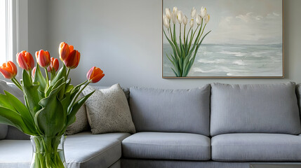 Contemporary room with a grey corner sofa, a vase of tulips, and modern art, offering a stylish and...