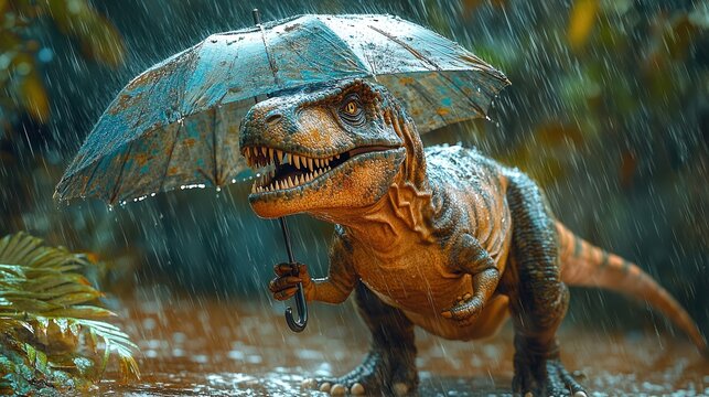  T-Rex struggling to hold a tiny umbrella in the rain, with its short arms barely reaching, adding humor and whimsy to a playful, imaginative illustration on a white background.