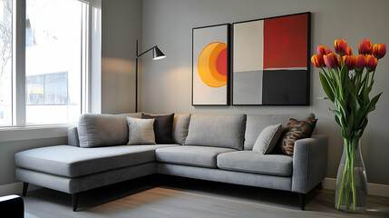 Stylish room with a corner grey sofa, fresh tulips in a vase, and modern art pieces, adding elegance and warmth to the space.