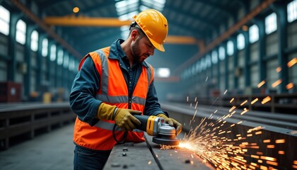 Industrial worker in safety uniform, hard hat uses angle grinder to cut metal tube in factory interior. Sparks fly. Heavy industry engineering. Manufacturing process in progress. Construction,