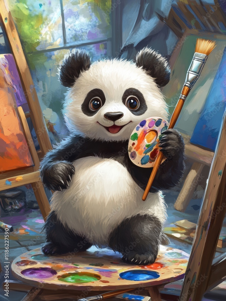 Aufkleber Panda joyfully creating art with a paintbrush and palette in a colorful studio setting. Generative AI