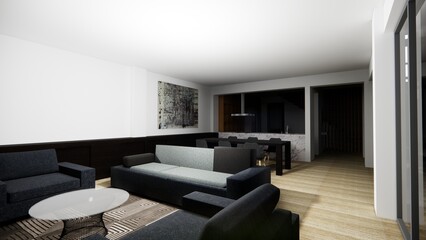 Illustration of the interior of a minimalist house living room and kitchen