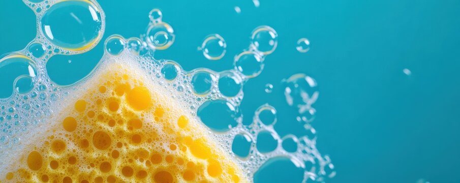Cleaning sponge, yellow, with soap bubbles on a blue background, vibrant and fresh concept for cleaning products and household chores, ideal for marketing and advertising materials