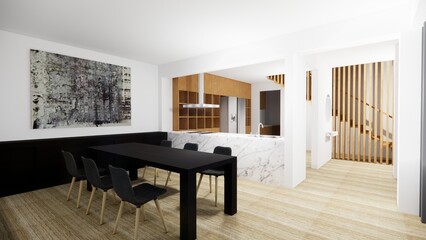 Illustration of the interior of a minimalist house living room and kitchen