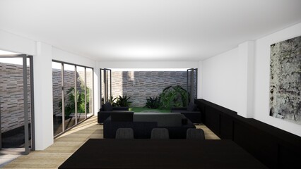 Illustration of the interior of a minimalist house living room and kitchen