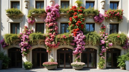 Fototapeta premium Art Nouveau Building Facade with Cascading Floral Waterfall