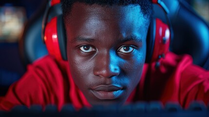 Focused african male teen gamer wearing red headphones in gaming environment