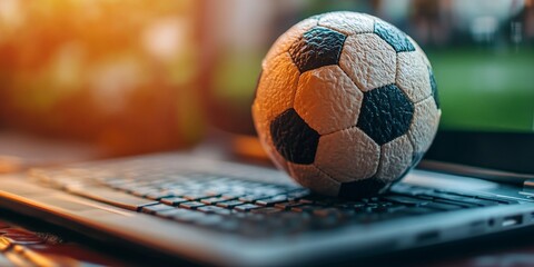 Fototapeta premium Sports and technology intersect with this image of a soccer ball on a laptop. Ideal for sports tech or gaming themes.