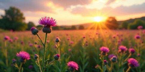 Obraz premium A meadow awakens at dawn as thistles begin to unfurl their delicate blooms, landscape, bloom, floral